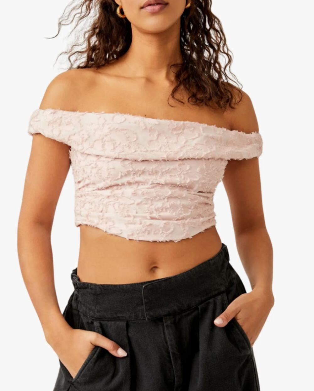 Free People Castille Corset Off the Shoulder Crop Top Sz L Pink Rose Smoke NWOT